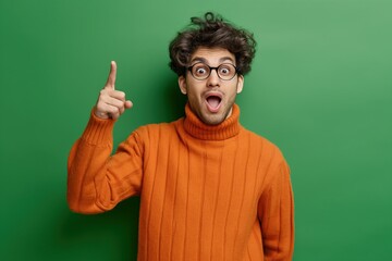 Fototapeta premium Surprised young man pointing upwearing orange sweater against green background