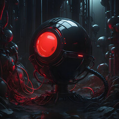 Fototapeta premium The cover art of Rood Magazine features a sphere, a worm, and a glowing red light, designed in a conceptual style.