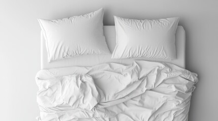 White Bed with Pillows and Wrinkled Sheets Viewed from Above
