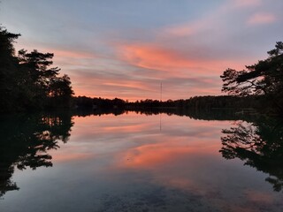 Fototapeta premium A tranquil lake at sunset with tree silhouettes and an orange-pink glow in the sky