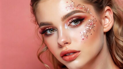 Fototapeta premium Beautiful Stylish Young Woman With Glitter Makeup Posing Isolated on Coral