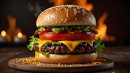 A sizzling hamburger stacked high with fire blazing in the background.	
