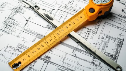 A set of measurement tools including a tape measure, caliper, and ruler, displayed on a technical drawing background -