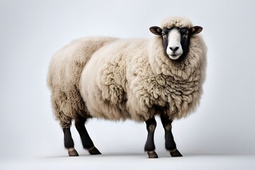 A woolly sheep with a thick coat standing calmly on a white background, AI Generated
