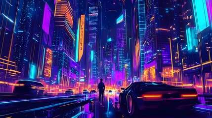 Futuristic Neon-Lit Cityscape in Vibrant Art Style