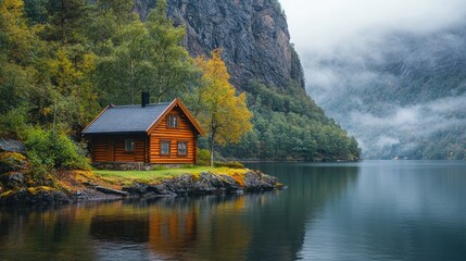 Fototapeta premium Wooden cabin reflecting on tranquil lake with misty mountains