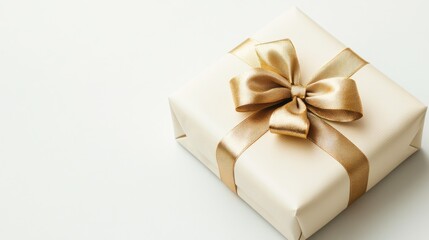 A stylishly wrapped gift with a metallic gold ribbon and a bow, set against a clean, white background for a modern look