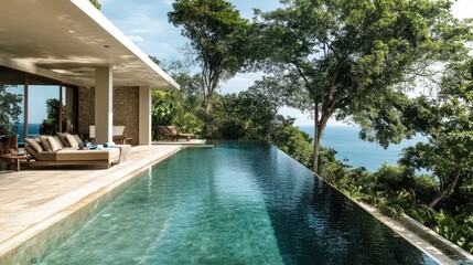Fototapeta premium A swimming pool at a luxury villa, with the pool's edge blending seamlessly into the surrounding landscape