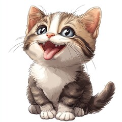 A cute cat licking its paw clipart, cartoon style, with a happy and content expression, isolated on white background