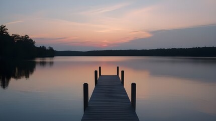 Fototapeta premium A serene lakeside scene at dusk, with a wooden pier leading out into calm waters reflecting the soft colors of the sunset. Please let me know if you have any further questions or concerns!