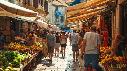 Obraz premium A crowded marketplace with people shopping for fresh produce.