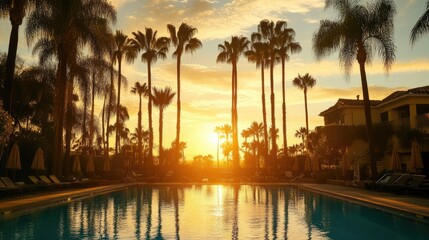 Obraz premium A swimming pool surrounded by tall palm trees, with the sun setting a