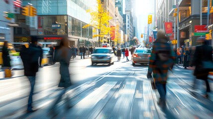 A busy city street with people walking and cars driving.