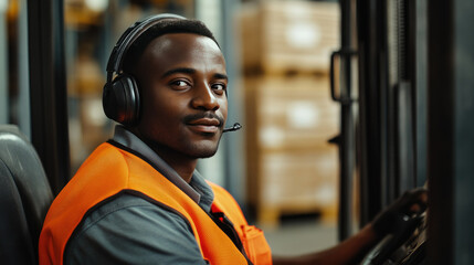 Logistics Specialist Using Forklift with Communication Gear