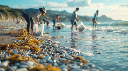 A group of people participating in a beach clean-up, emphasizing community efforts towards environmental sustainability