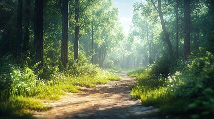 Obraz premium Peaceful Forest Path Tall Trees and Gentle Dappled Light for a Serene Woodland Experience