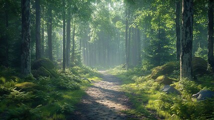 Obraz premium Tranquil Path Through the Forest Tall Trees and Soft, Dappled Light Create a Peaceful View