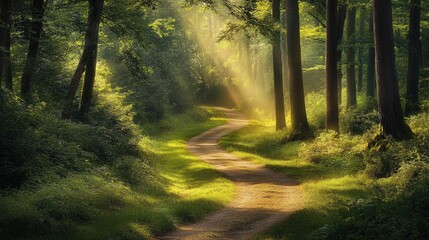 Obraz premium A winding path through a lush green forest, with sunlight streaming through the trees, inviting exploration