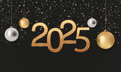 Happy New Year 2025 background. Shiny gold 2025 New Year. Modern luxury black background with silver and gold balls. Modern Christmas background. Vector EPS 10