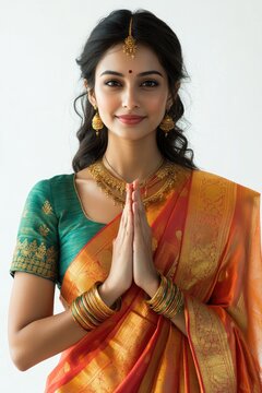 Beautiful indian woman in traditional sari greeting with namaste gesture