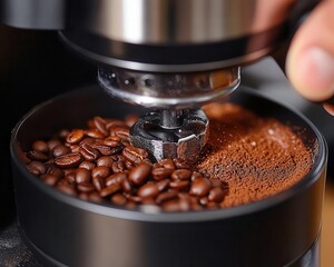 Coffee grinder with beans grinding fresh coffee for brewing - Powered by Adobe