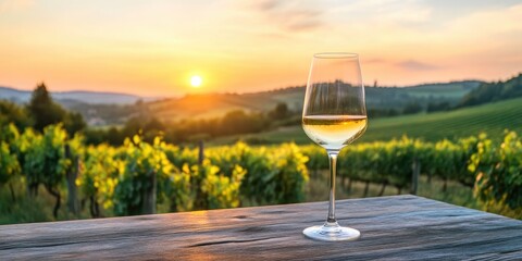 Obraz premium White Wine Glass on Rustic Table Sunset Vineyard