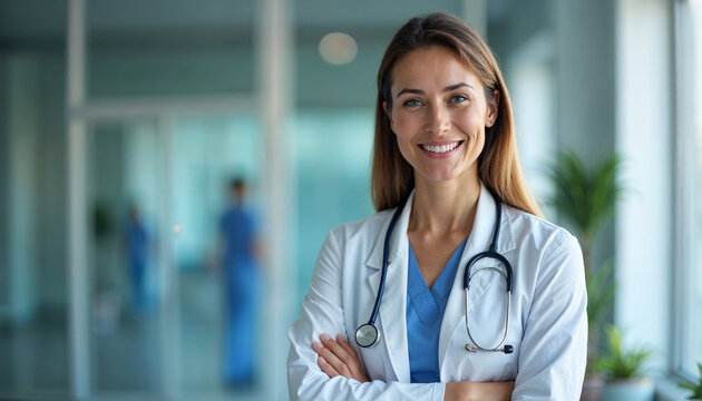 A young, Caucasian female doctor with long brown hair wearing a white lab coat and blue scrubs, smiling in a hospital setting
