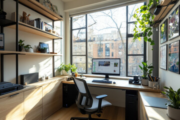 Fototapeta premium A remote work setup in a small studio apartment featuring a foldable desk, ergonomic chair, minimalist shelves, and a large window, maximizing efficiency for a productive work-from-home experience