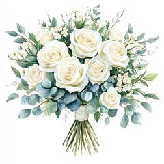 Elegant watercolor bouquet of white roses and eucalyptus