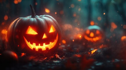 Naklejka premium Intricately Designed Halloween Pumpkins Up Close