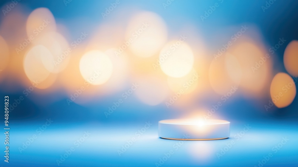 Poster a glowing candle on a smooth surface with a dreamy blue background and soft bokeh lights, creating a