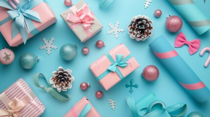 Colorful flat lay photo of Christmas ornaments, gift boxes and yoga mat. Festive juxtaposition with light blue background.