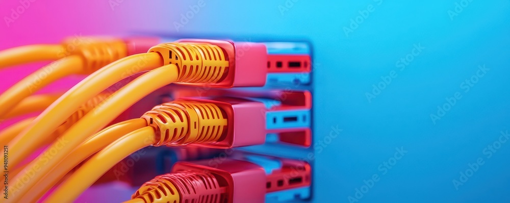 Poster close-up of ethernet cables connected to a network switch. ideal for technology, networking, and dig