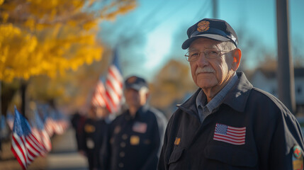 Fototapeta premium Elderly veteran, American flag patch and military cap at patriotic event for Veterans Day, Memorial Day or armed forces tribute. Senior soldier, honor and service with autumn background