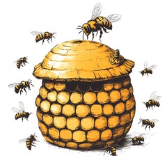Hand drawn illustration of a beehive with bees around it.