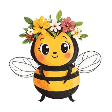 Cute cartoon bee with flower crown and wings.