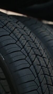 A new tire is placed on the tire storage rack in the tire shop