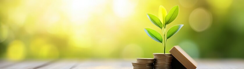 A budding plant grows from stacked coins, symbolizing the connection between finance and nature in a peaceful setting.