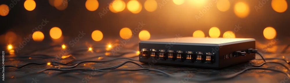 Poster A modern network switch illuminated by warm bokeh lights, showcasing connectivity and technology in a stylish setting.