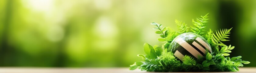 A serene green sphere symbolizing sustainability, surrounded by lush foliage, representing nature's harmony and eco-consciousness.