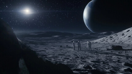 Astronauts exploring the lunar surface under the starry sky with a planet in view