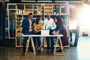 Business people, computer and discussion in collaboration for planning, idea or app design at...