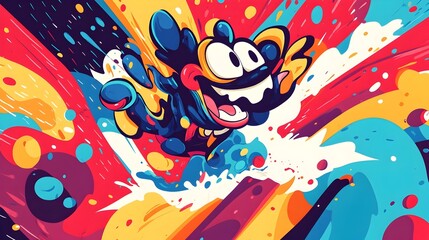 Mischievous Character in Comically Chaotic Moment of Vibrant Retro-Inspired Action