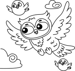 drawing outline flying owl accompanied by small birds.eps