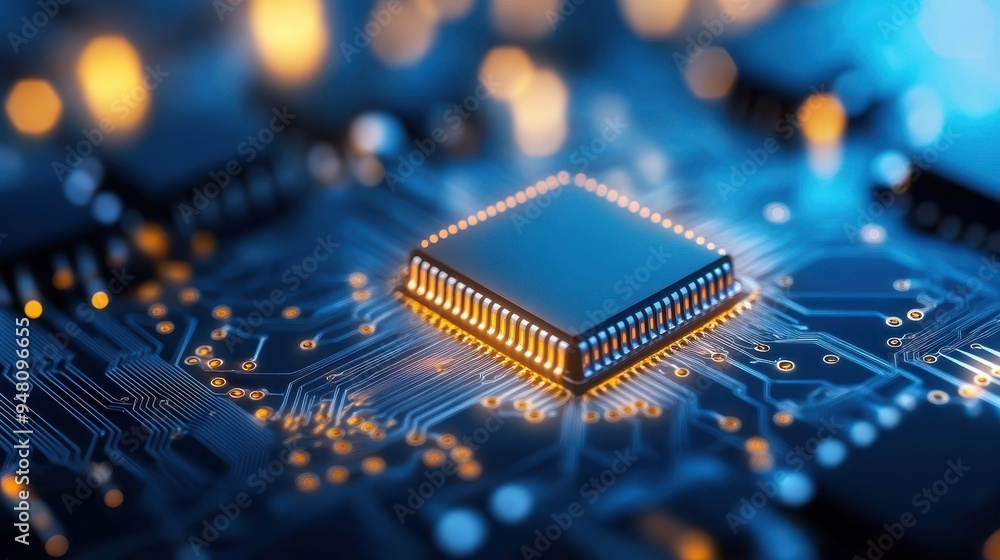 Poster close-up of a modern microchip on a circuit board, showcasing intricate designs and glowing connecti