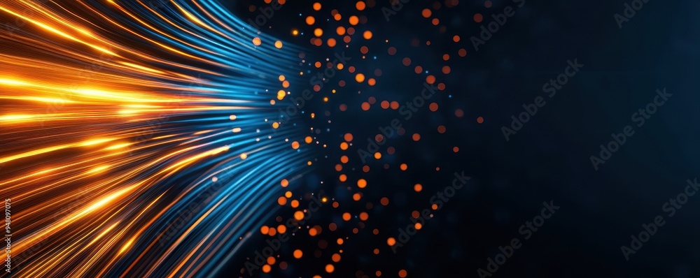 Poster dynamic lines and glowing particles create a vibrant abstract background in blue and orange tones, i