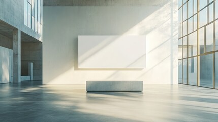 Obraz premium Minimalist Gallery Interior with Blank Canvas and Concrete Bench