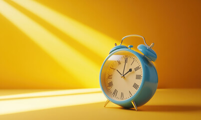 A yellow alarm clock with roman numerals on its face sits on a yellow surface