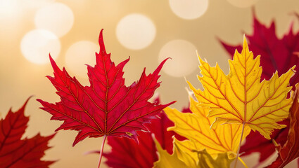 red and yellow maple leaves with soft focus light and bokeh background