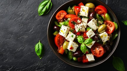 Enjoy the vibrant flavors of a fresh Mediterranean salad, featuring feta cheese, ripe tomatoes, olives, green pepper, and basil leaves, beautifully arranged from a top view.